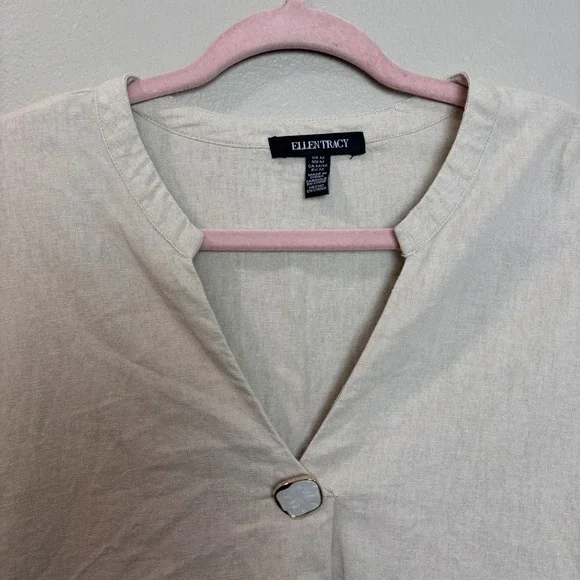 Ellen Tracy Womens Button Front Linen Blend Top Shirt Beige M Medium Casual Chic - Picture 2 of 8